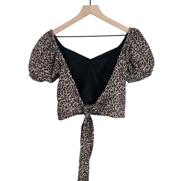 Marissa Webb Diane Top Size M Brown Black Leopard Print Puff Sleeve Crop - Picture 3 of 4